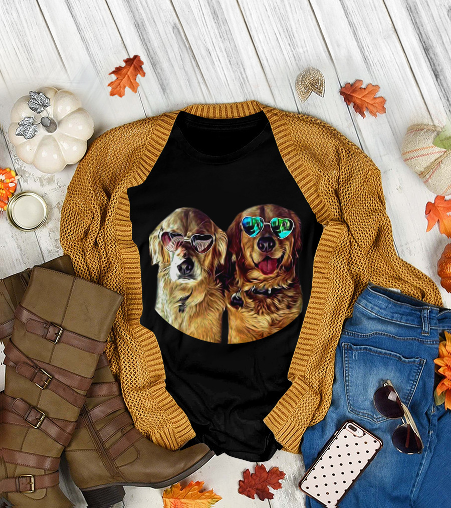 Golden Retrievers with Heart-Shaped Sunglasses in Love T-Shirt