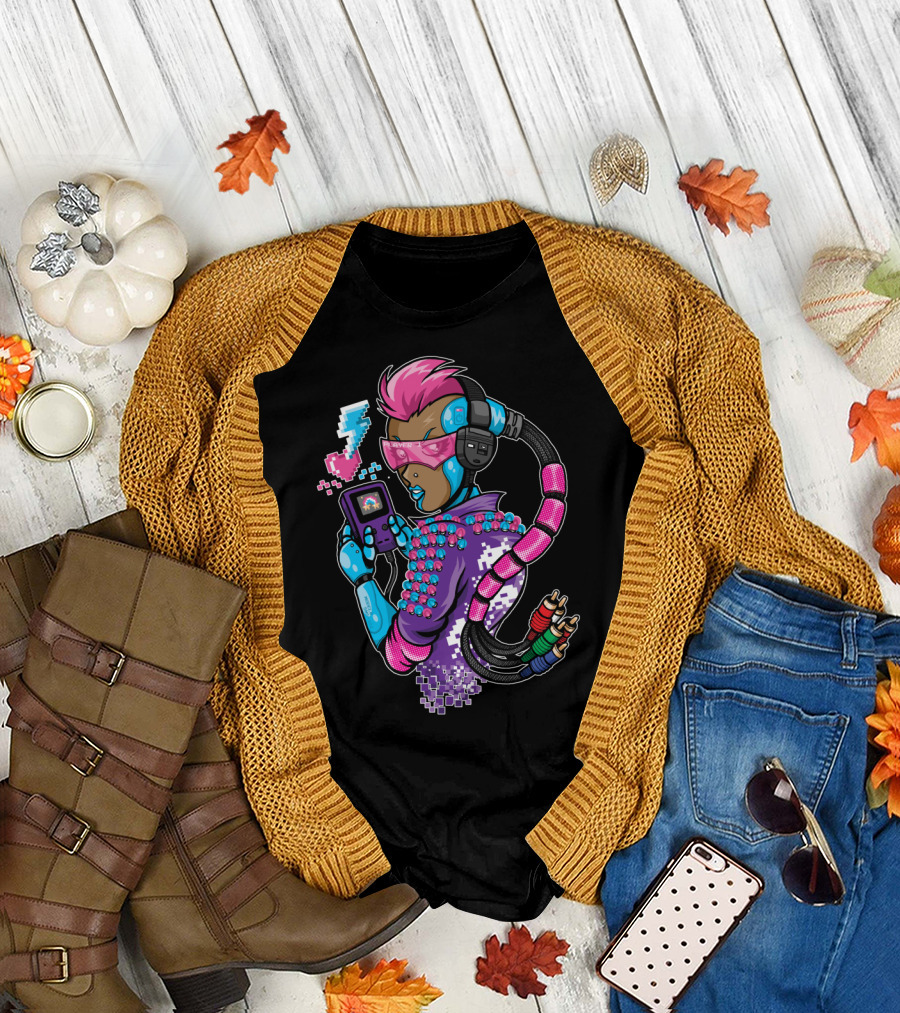 Electric Lady Gamer with Retro Game Console and Pixel Art Lightning Bolt T-Shirt