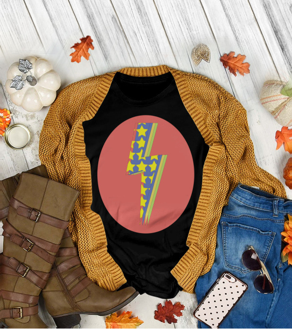 Star Spangled Bolt Vibrant Yellow Stars And Colorful Lightning Oval T-Shirt