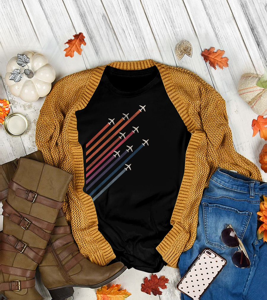 Retro Rainbow Airplanes in Flight Formation T-Shirt