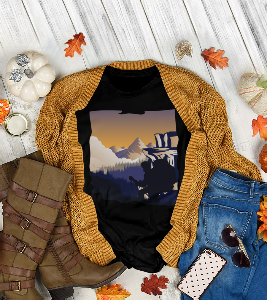 Hiking Mountains Wanderer Silhouette in Scenic Sunset Landscape T-Shirt