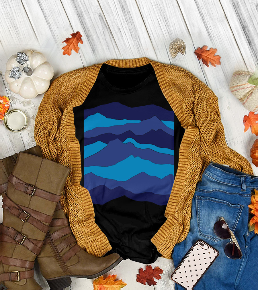 Mountain Waves Nature Water Layers in Deep Blue Tones T-Shirt