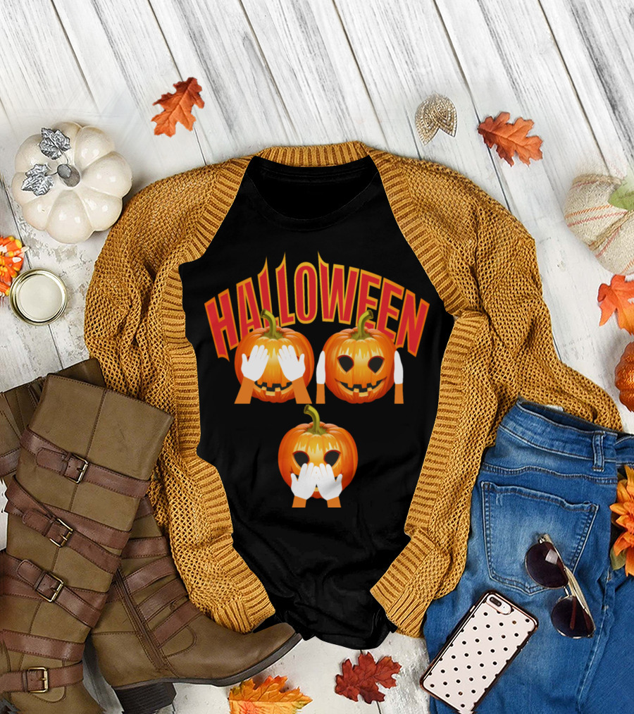 HALLOWEEN Pumpkin Emojis See No Evil Speak No Evil Hear No Evil T-Shirt