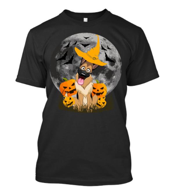 Dog With Witch Hat And Jack-O'-Lanterns In Full Moonlight T-Shirt