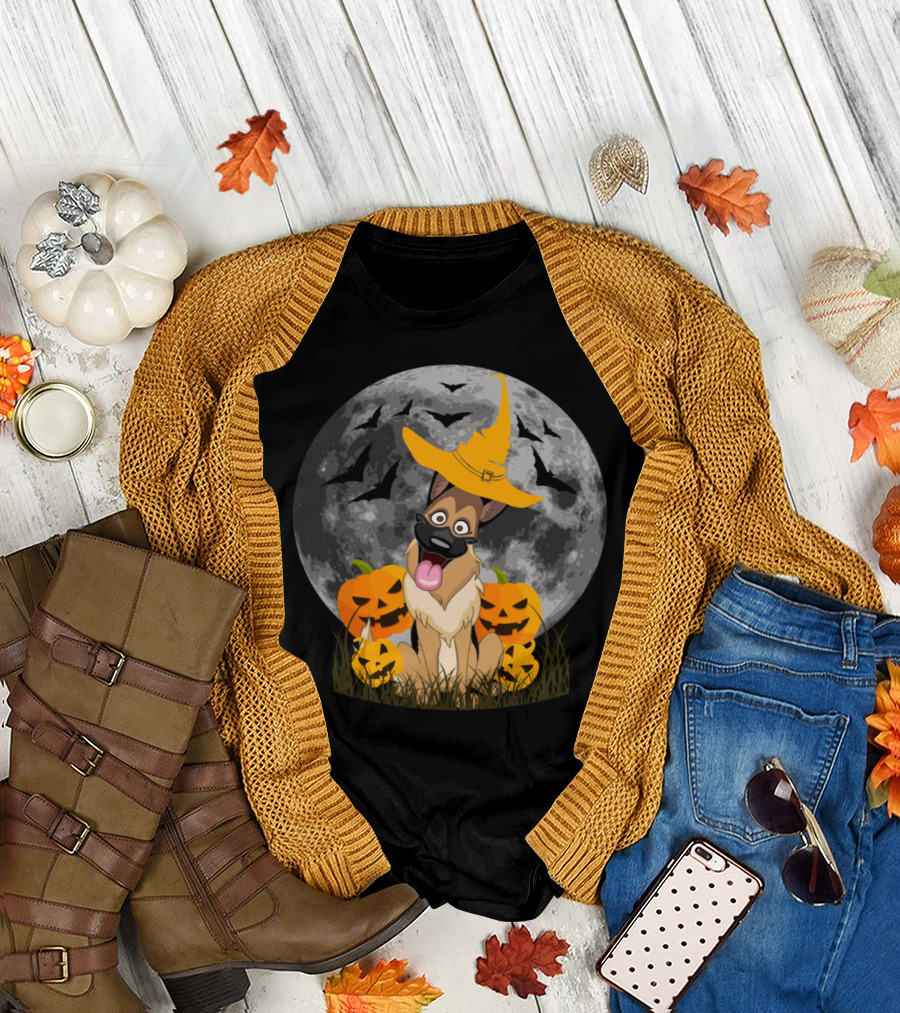 Dog with Witch Hat and Jack-O'-Lanterns in Full Moonlight T-Shirt