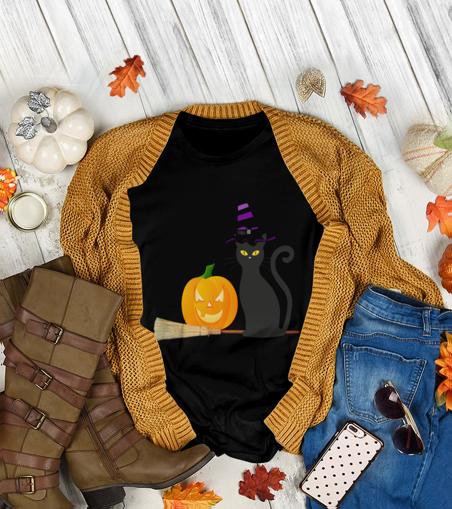 Halloween Black Cat Pumpkin Witch Hat and Broomstick T-Shirt
