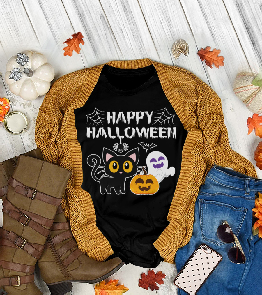 Happy Halloween Black Cat Pumpkin Bat Ghost Spider Webs T-Shirt