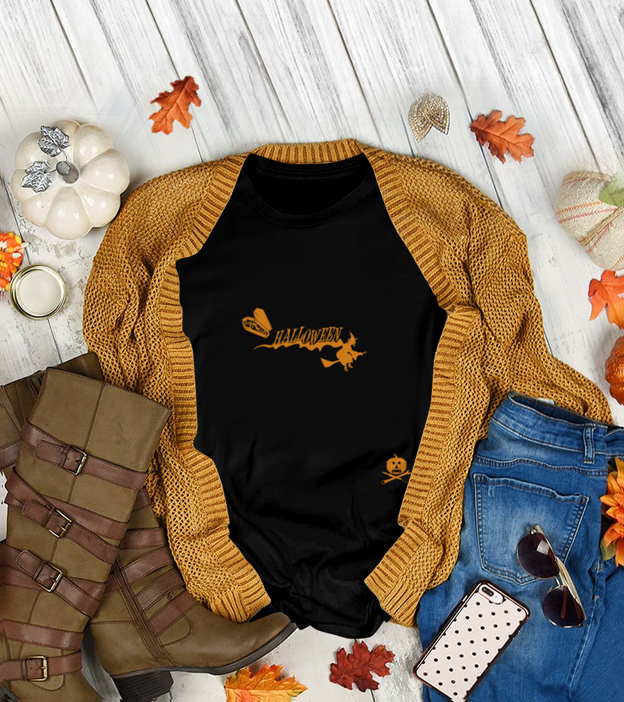 Halloween Witch Flying with Pumpkin and Coffin Boo T-Shirt