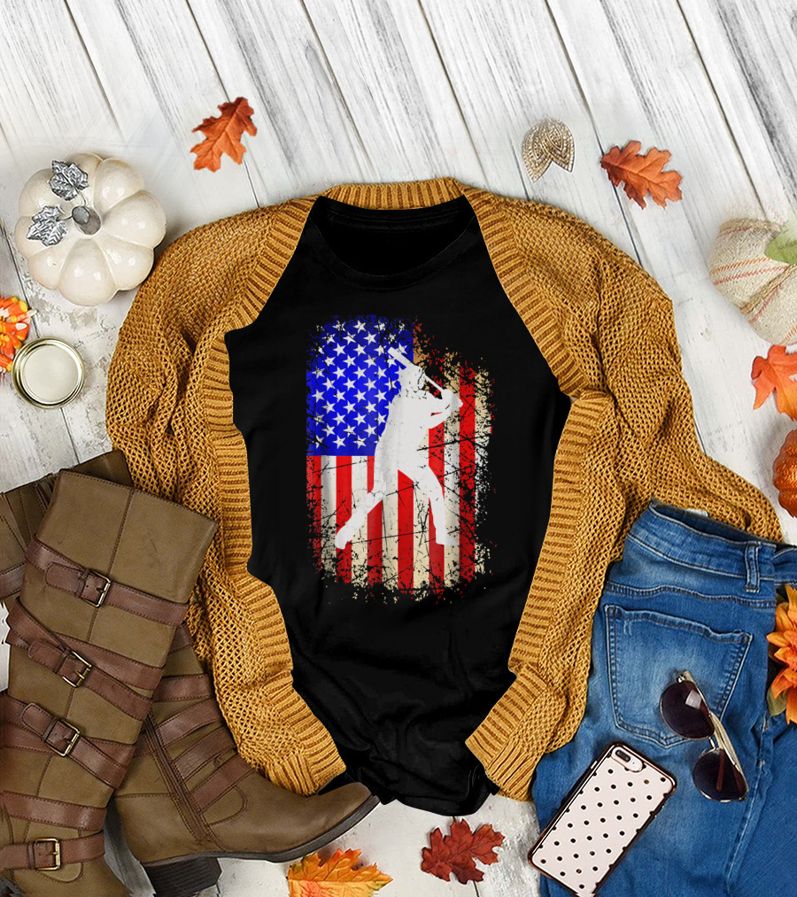 4th of July Patriotic America Baseball Player Silhouette with American Flag Background T-Shirt