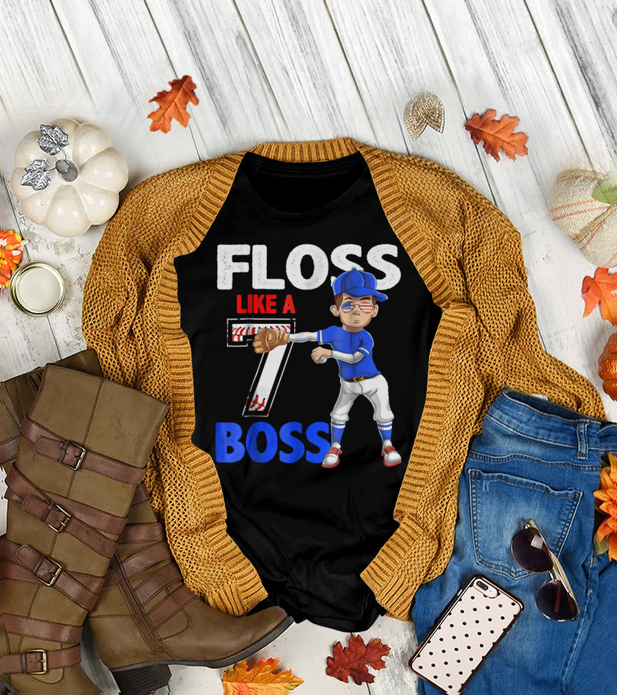 Floss Like a 7 Boss 7 Year Old Birthday Baseball 7th T-Shirt
