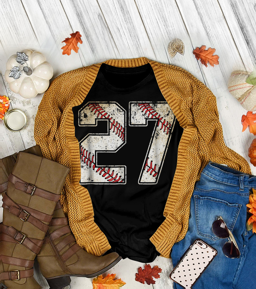 27 Baseball Stitch Number Distressed Sports T-Shirt
