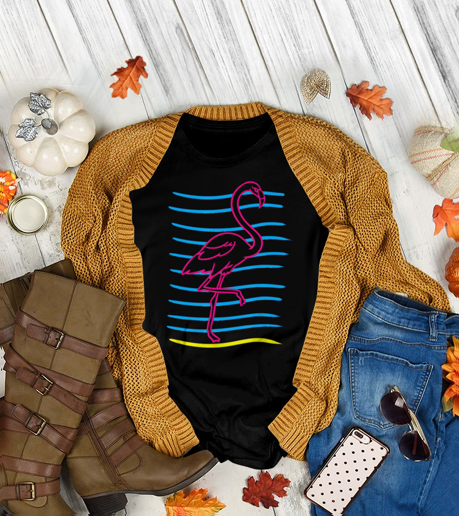Retro 80s Neon Pink Flamingo Bird with Blue and Yellow Waves T-Shirt