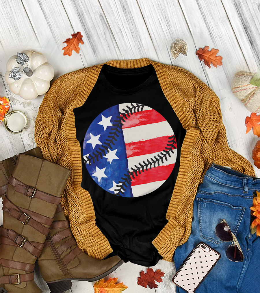 American Flag Stars and Stripes Baseball Patriotic Day T-Shirt