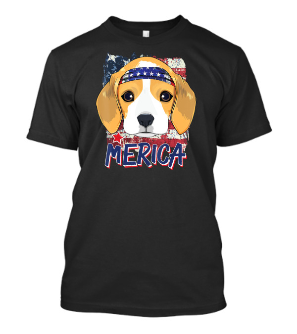 Beagle Dog With Merica Bandana And American Flag Background T-Shirt