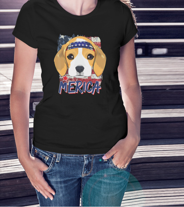 Beagle Dog With Merica Bandana And American Flag Background T-Shirt
