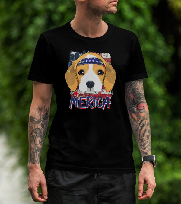 Beagle Dog With Merica Bandana And American Flag Background T-Shirt