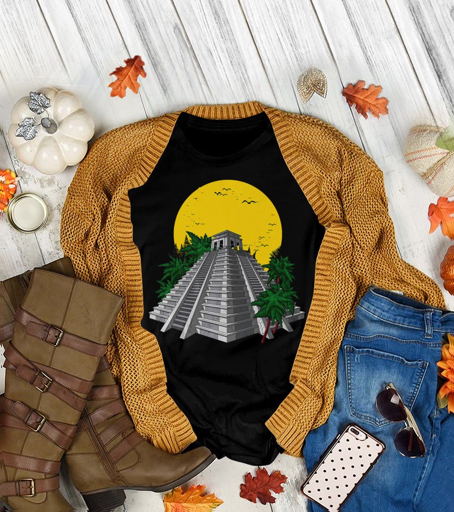 Aztec Mayan Pyramid Temple Chichen Archeology with Sun and Jungle Elements T-Shirt