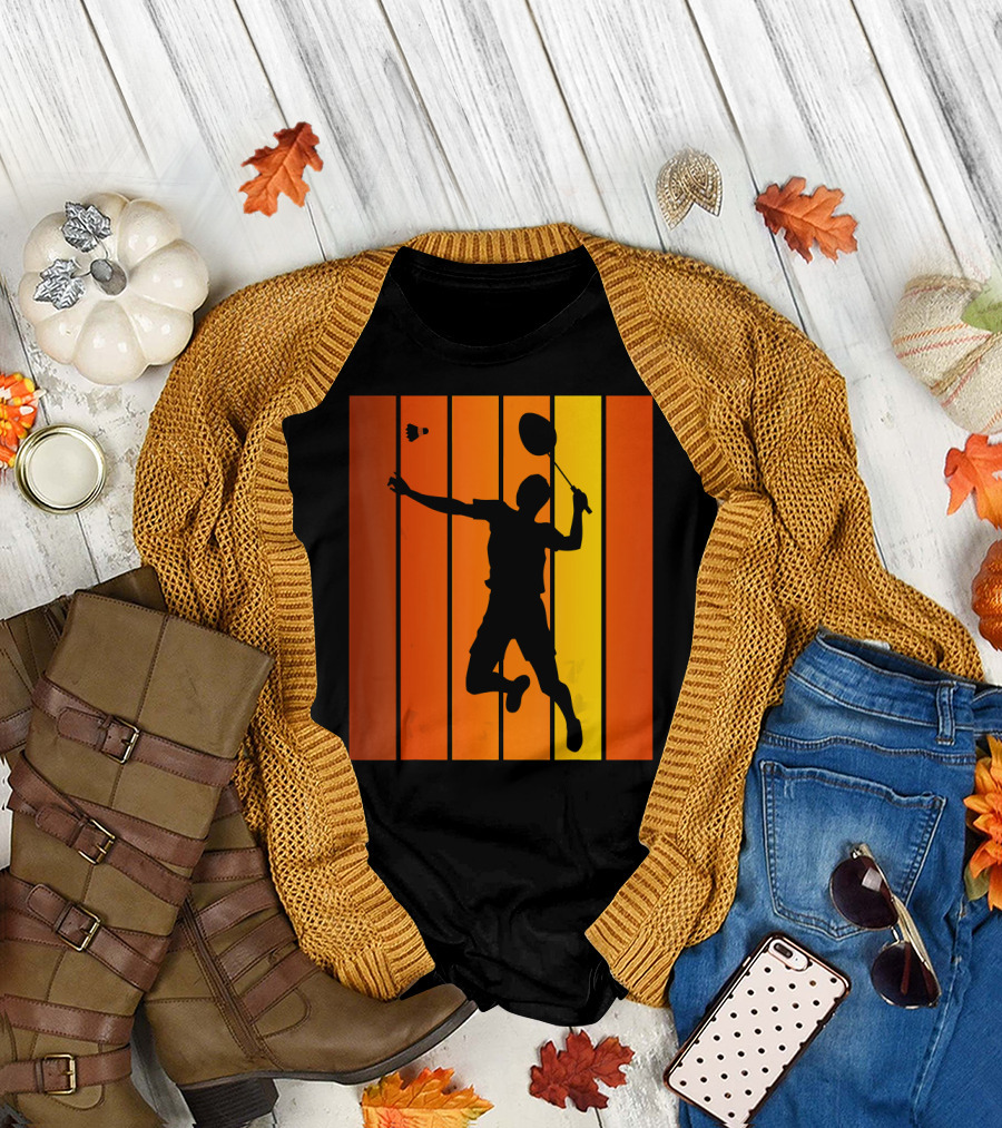 Badminton Player Jumping Silhouette with Shuttlecock on Orange Stripes T-Shirt