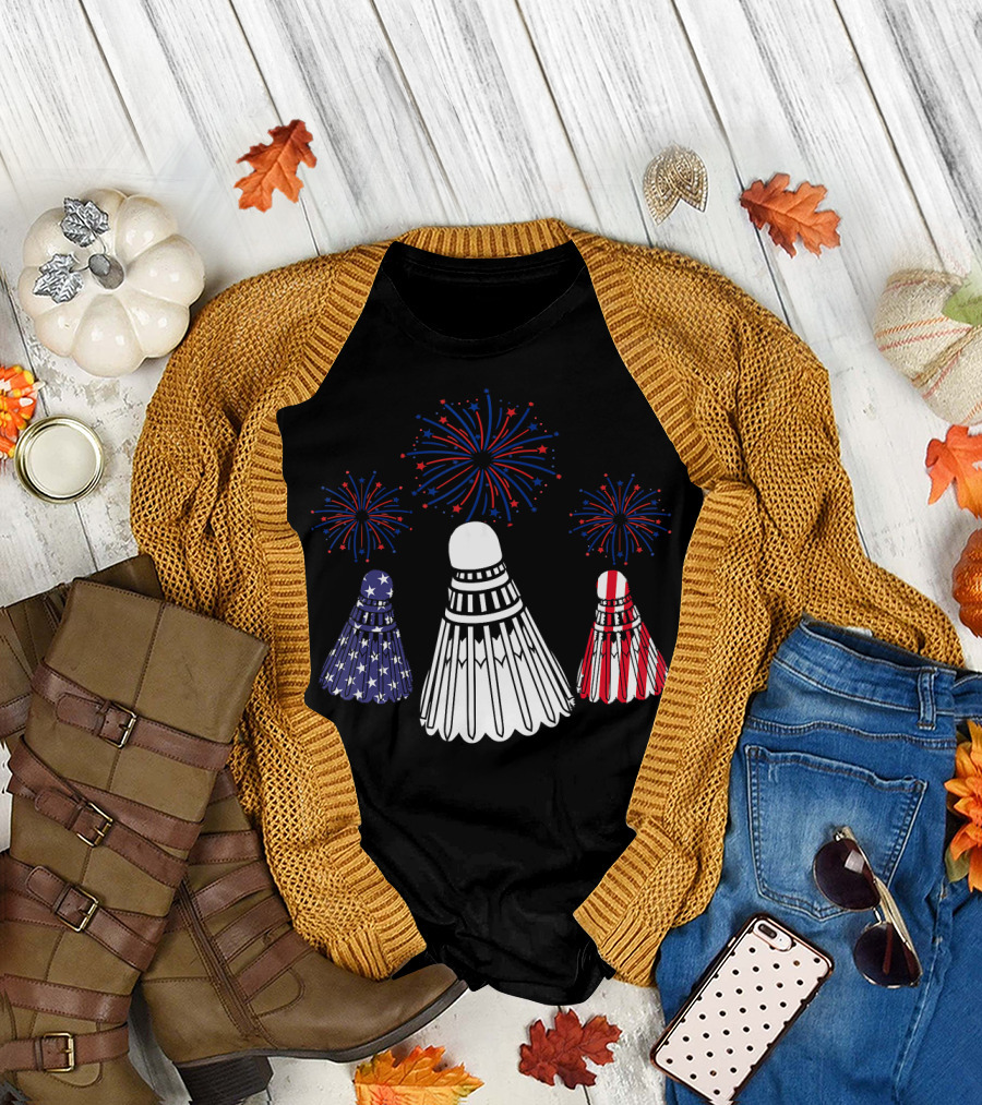 Badminton Shuttlecocks USA Flag Fireworks Patriotic T-Shirt