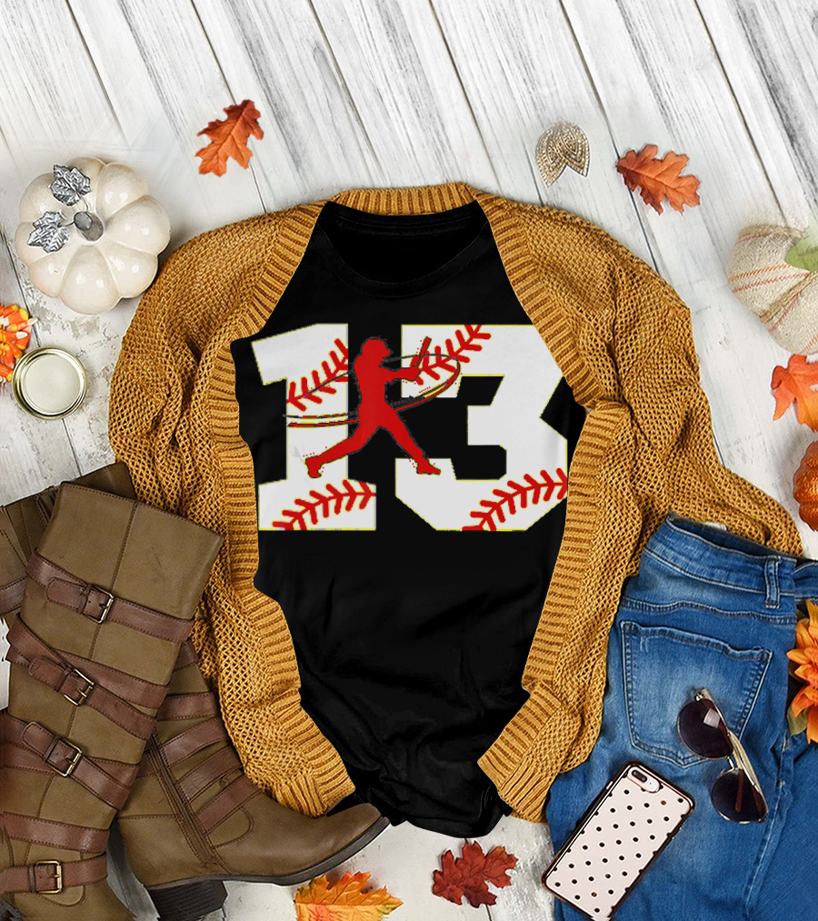 Baseball Number 13 Jersey Batter Silhouette 13 Bat Stitch T-Shirt