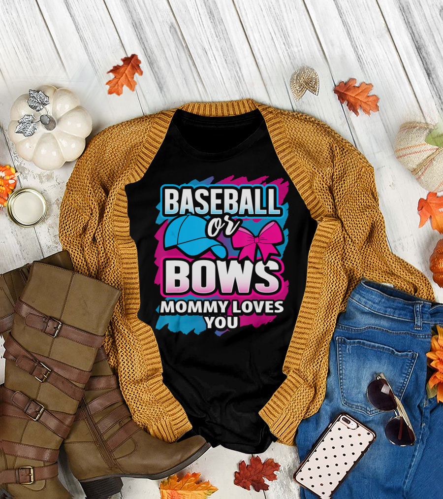 Baseball or Bows Mommy Loves You Gender Reveal Hat and Bow T-Shirt