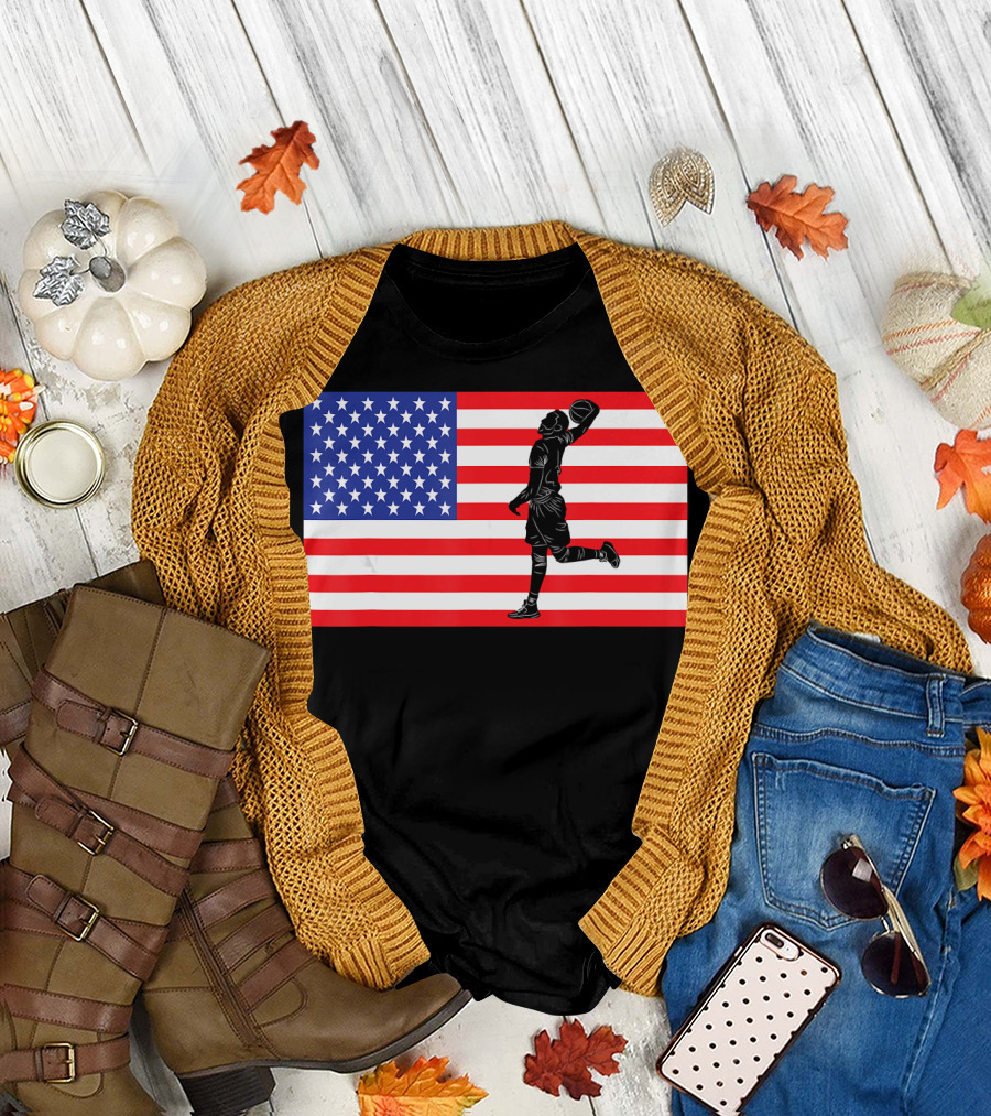 Basketball Player Dunking American Flag USA T-Shirt