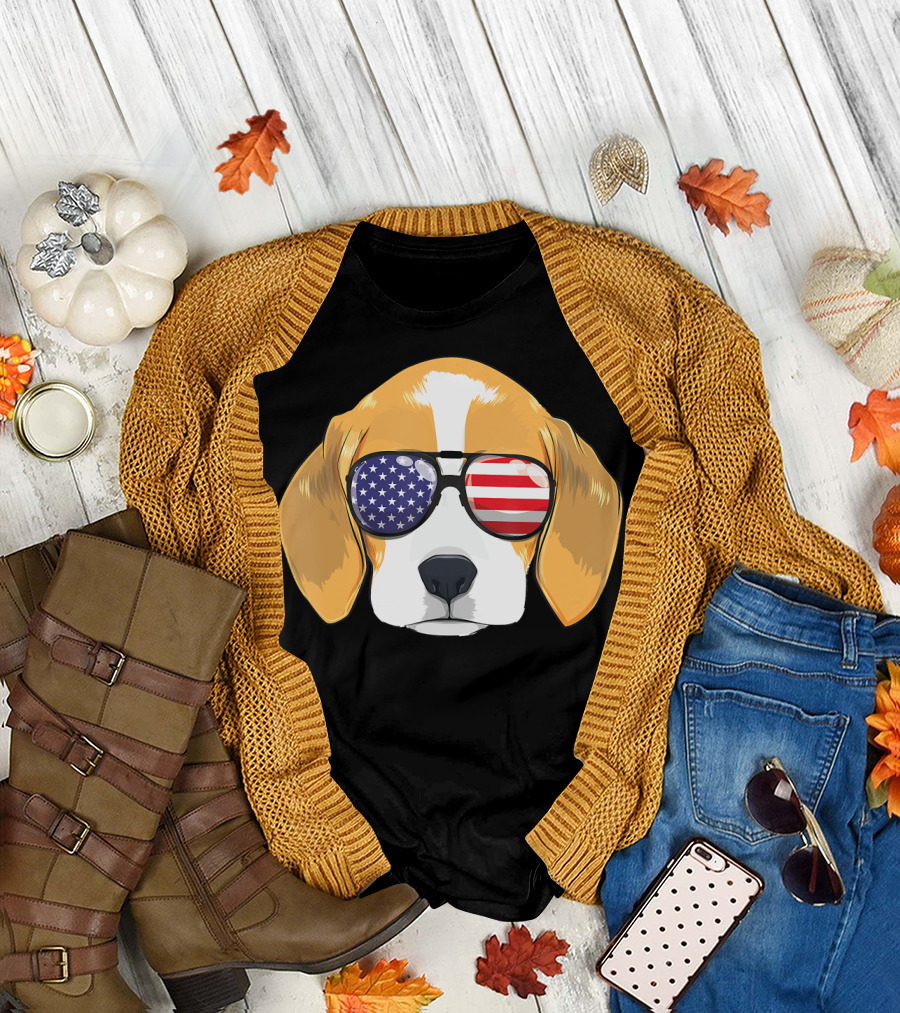 Beagle Dog Wearing American Flag Sunglasses Patriotic T-Shirt