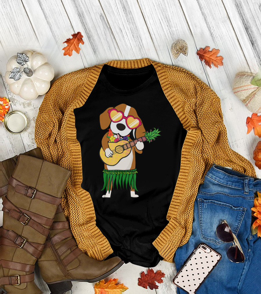 Beagle Hawaiian Costume Playing Ukulele with Pineapple and Heart Sunglasses T-Shirt