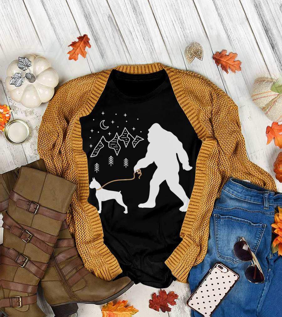Bigfoot Walking a Boxer Dog Under Moon and Stars T-Shirt