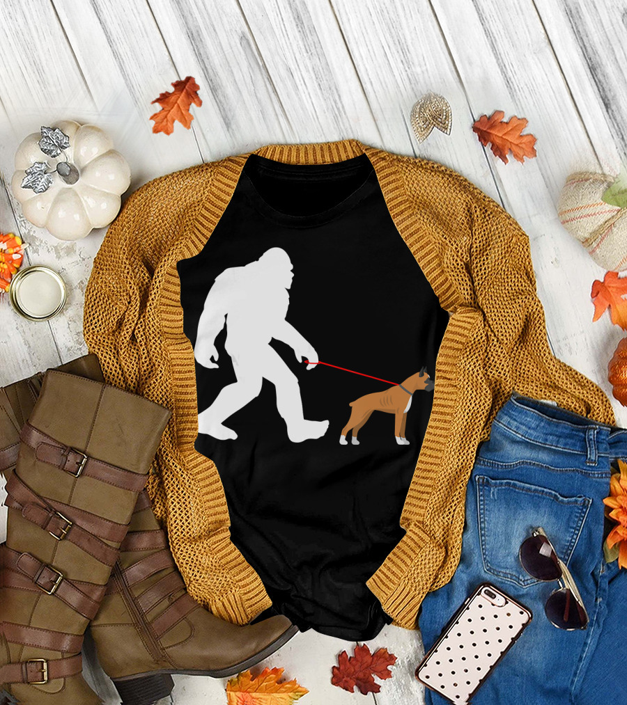 Bigfoot Walking Boxer Dog Sasquatch Adventure T-Shirt