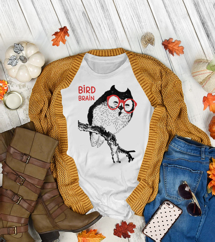 BIRD BRAIN Birder Bird Watcher Red Glasses Owl T-Shirt