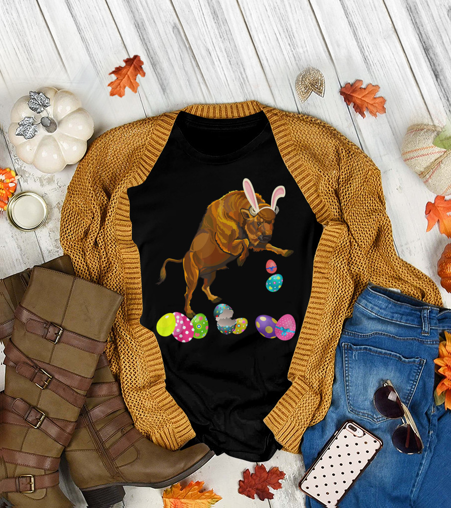 Bison Wearing Bunny Rabbit Hat with Colorful Easter Eggs T-Shirt