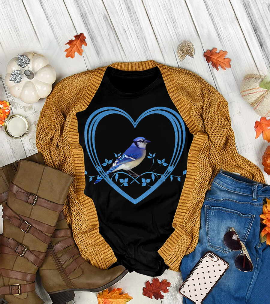 Blue Jay in Heart with Floral Vine T-Shirt