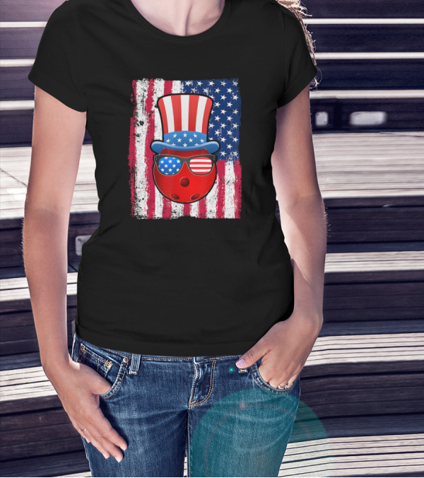 Bowling Ball American Flag Uncle Sam Hat Sunglasses 4th Of July T-Shirt