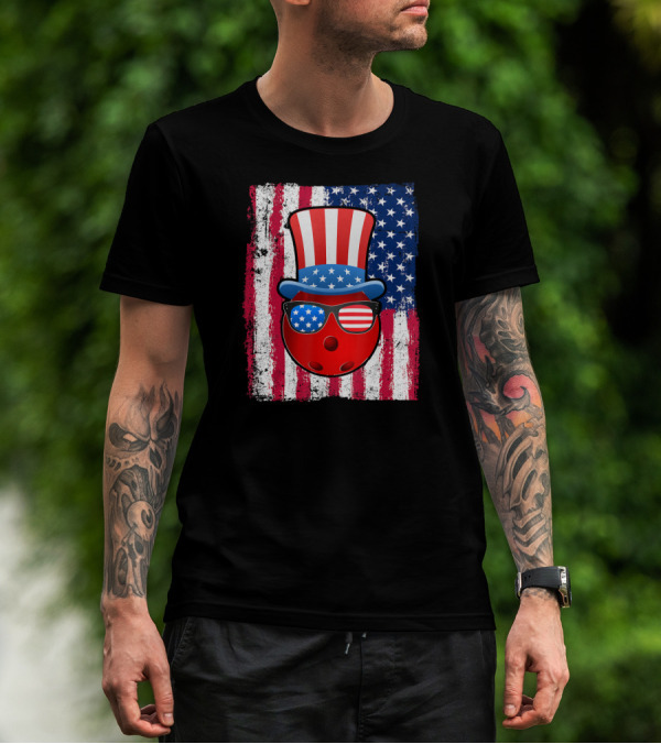 Bowling Ball American Flag Uncle Sam Hat Sunglasses 4th Of July T-Shirt