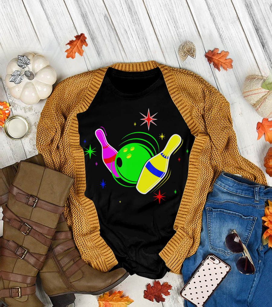 Bowling 80s Neon Sign Strike Pins Stars Bright Colors T-Shirt