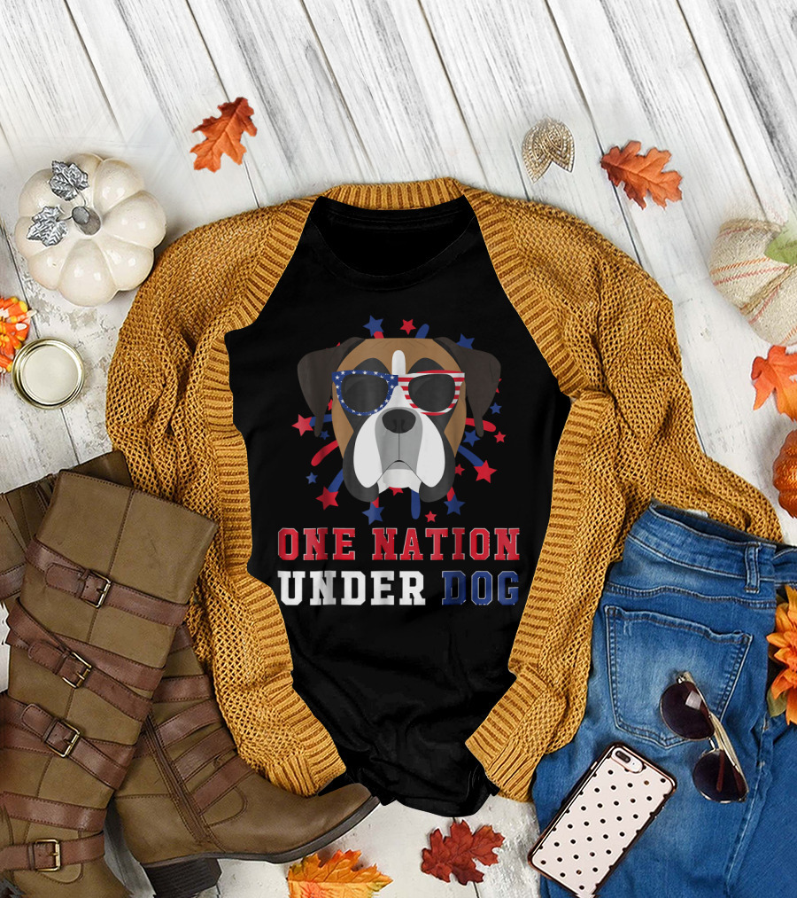Boxer One Nation Under Dog American Flag Sunglasses Stars Fourth Of July T-Shirt