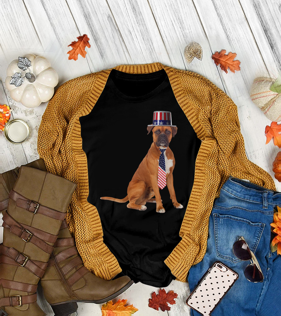 Boxer Dog Wearing Patriotic Stars and Stripes Top Hat and Tie for 4th of July T-Shirt