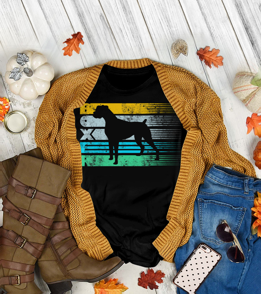 Boxer Vintage Cool Dog Silhouette Retro Stripes T-Shirt