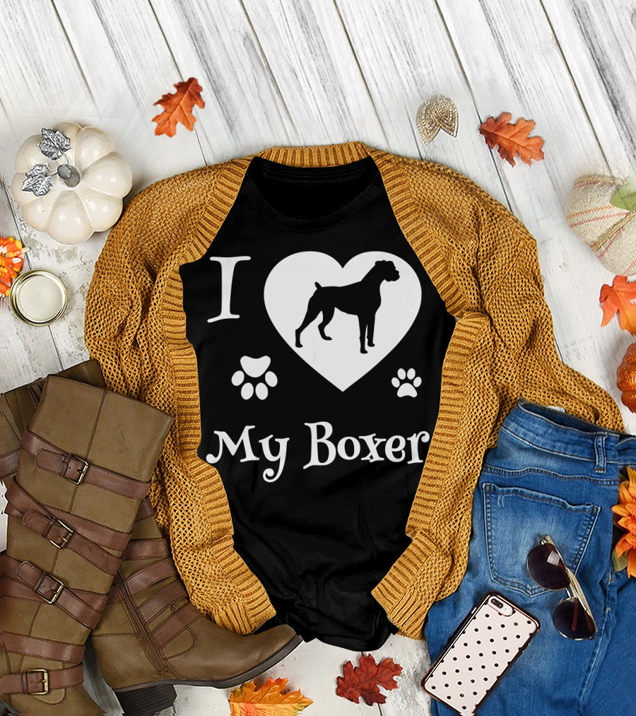 I Love My Boxer Dog Silhouette Heart Paw Prints T-Shirt