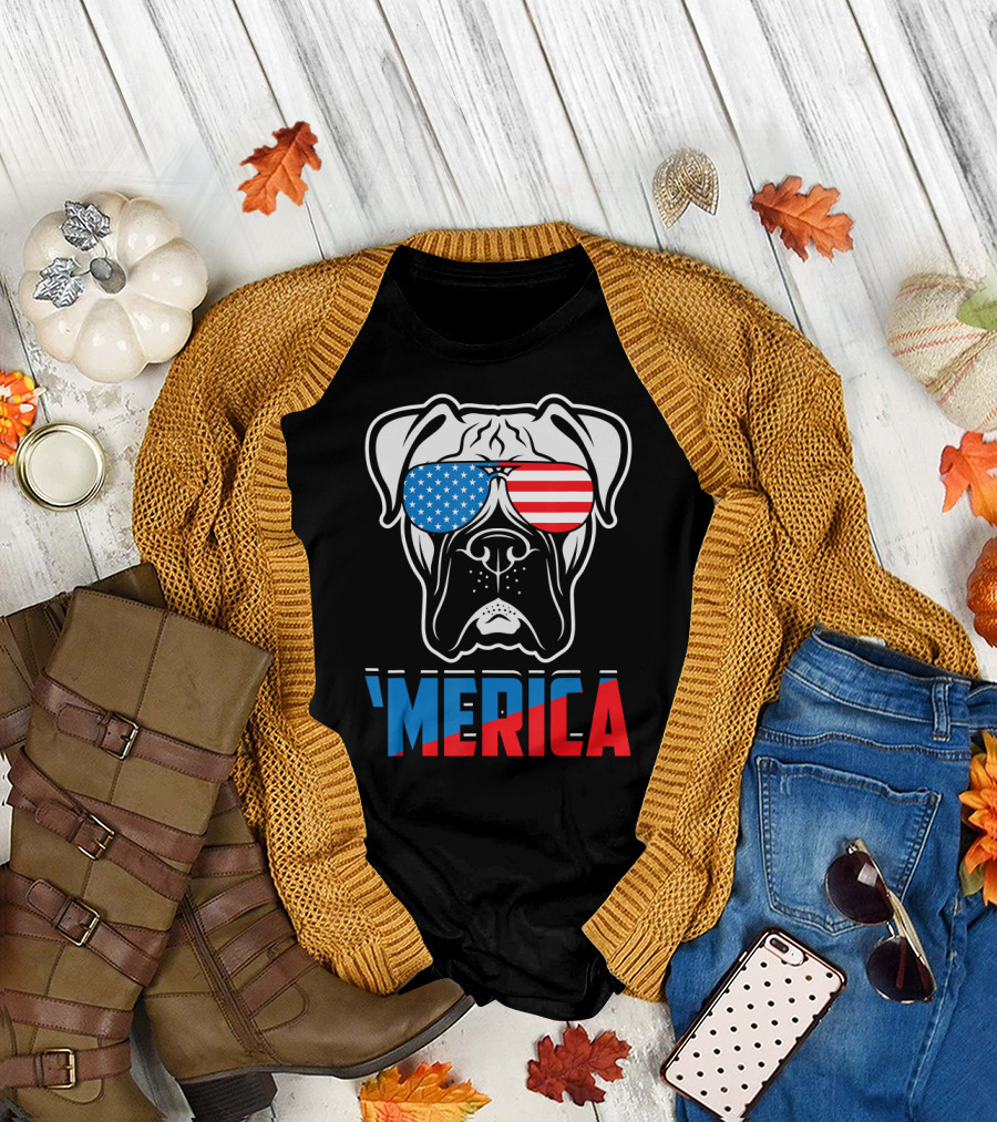 Patriotic Boxer Dog 'Merica USA Flag Sunglasses T-Shirt