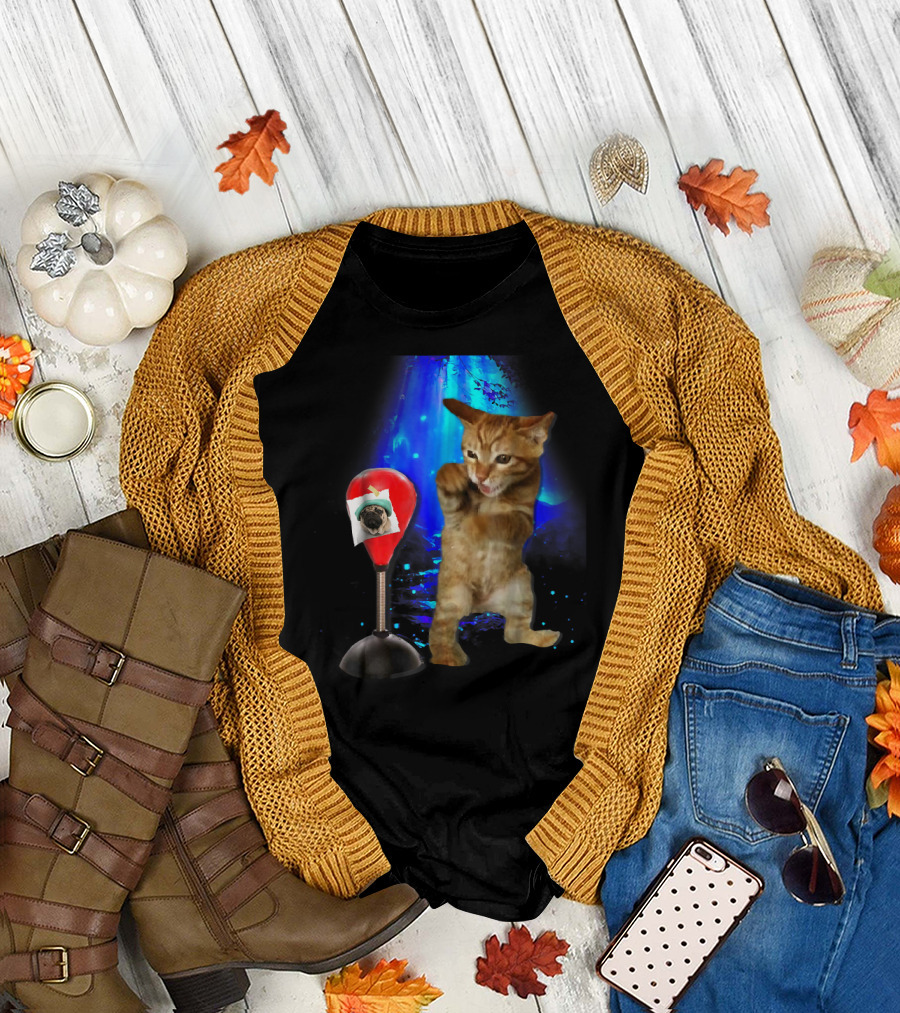 Boxing Cat Funny Kitten Punching Pug on Speed Bag T-Shirt