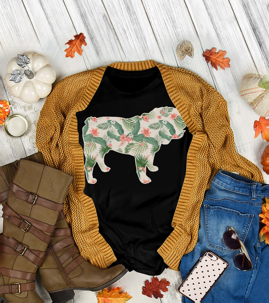 Floral Bulldog Flower Girl Pet Pup Print T-Shirt