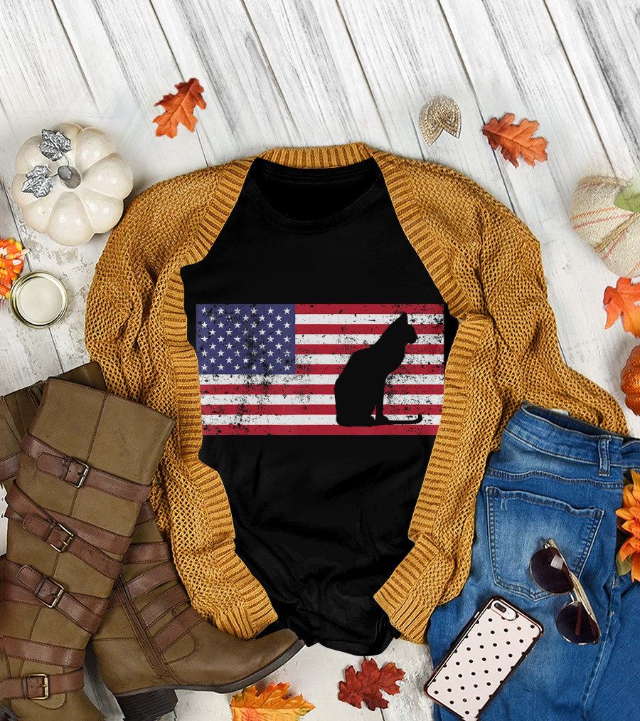 4th Of July Cat Meowica American Flag T-Shirt