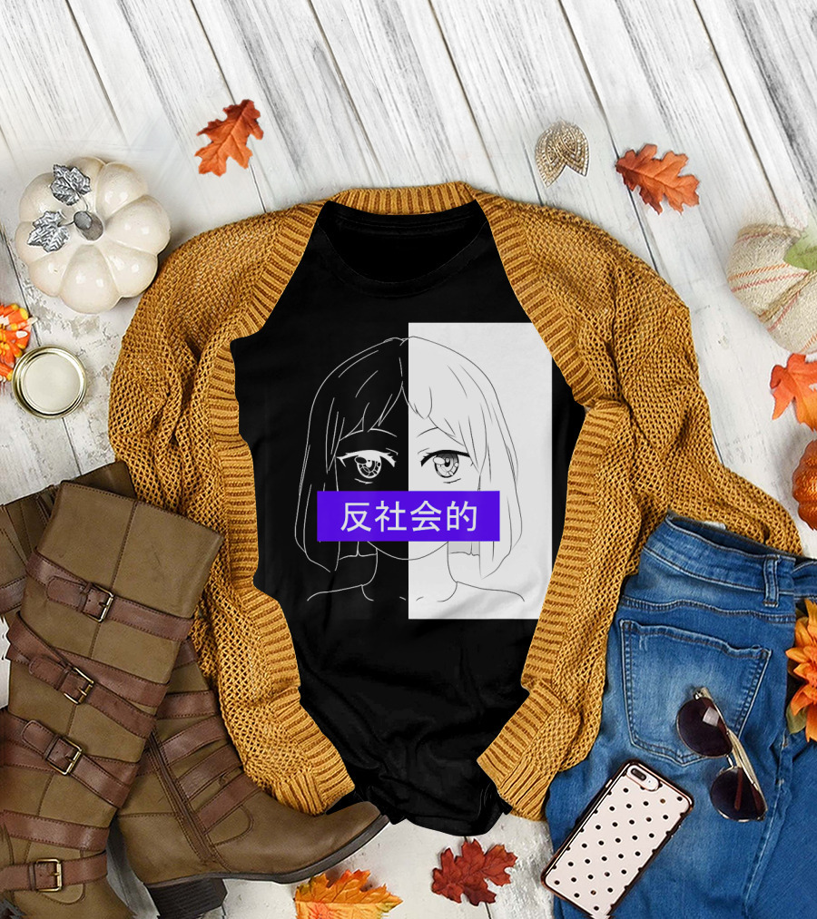 Anime Kanji Anti Black White Face Sad Girl 反社会的 T-Shirt