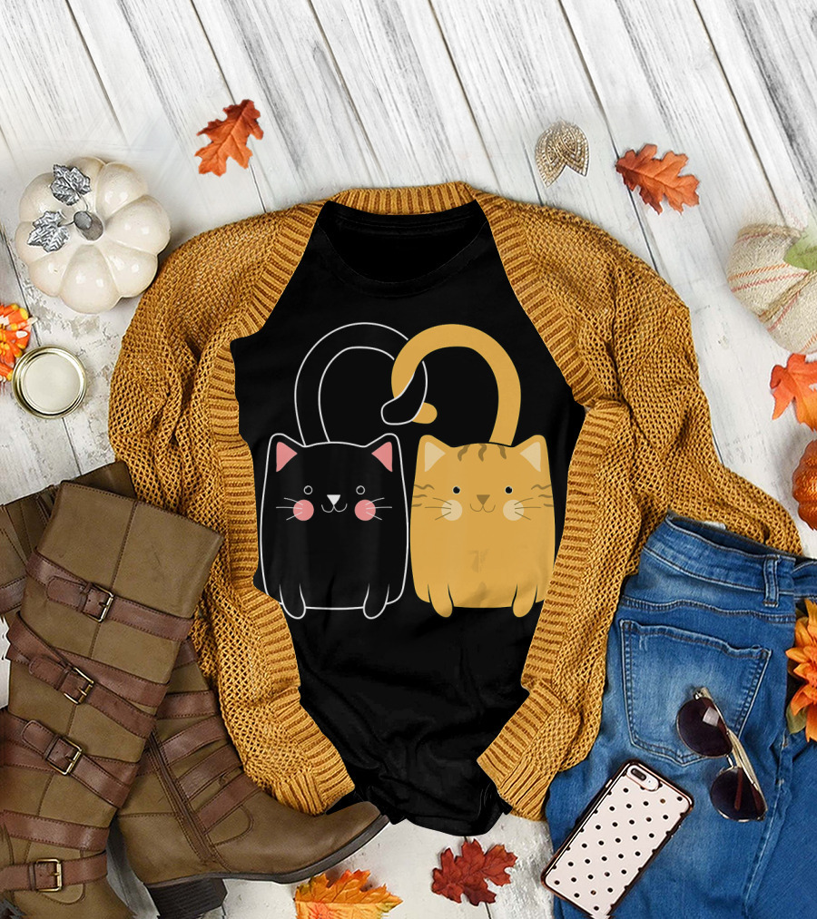 Cute Ginger Cat Black Kitten Love Valentine T-Shirt