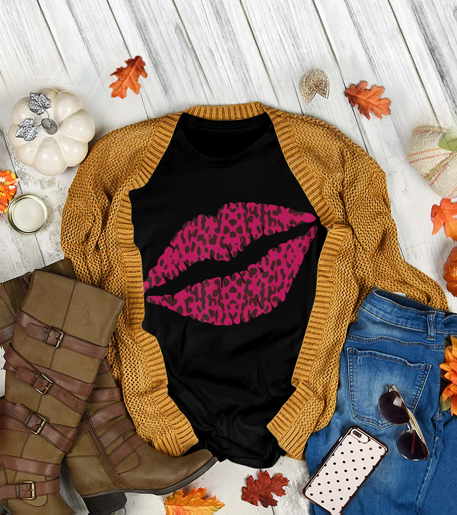 Cute Pink Lips Kiss Me Leopard Cheetah Print T-Shirt