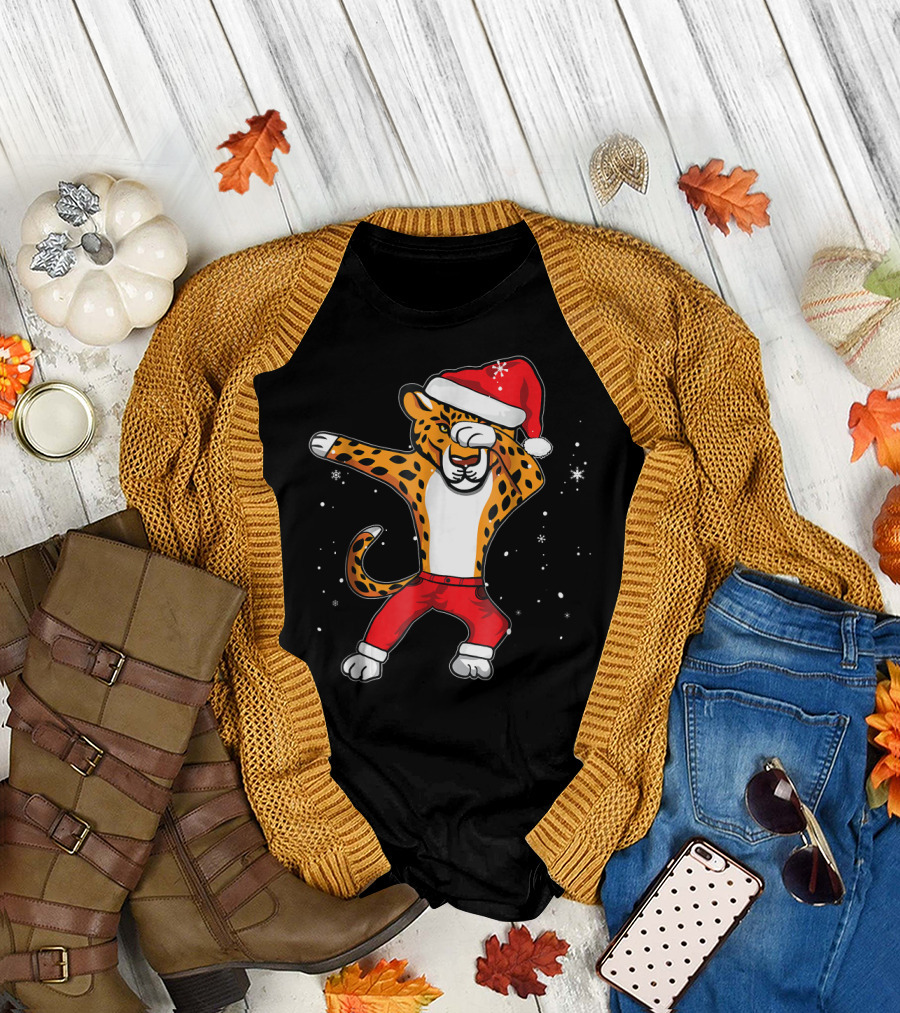 Santa Hat Dabbing Panther Cheetah with Red Pants T-Shirt
