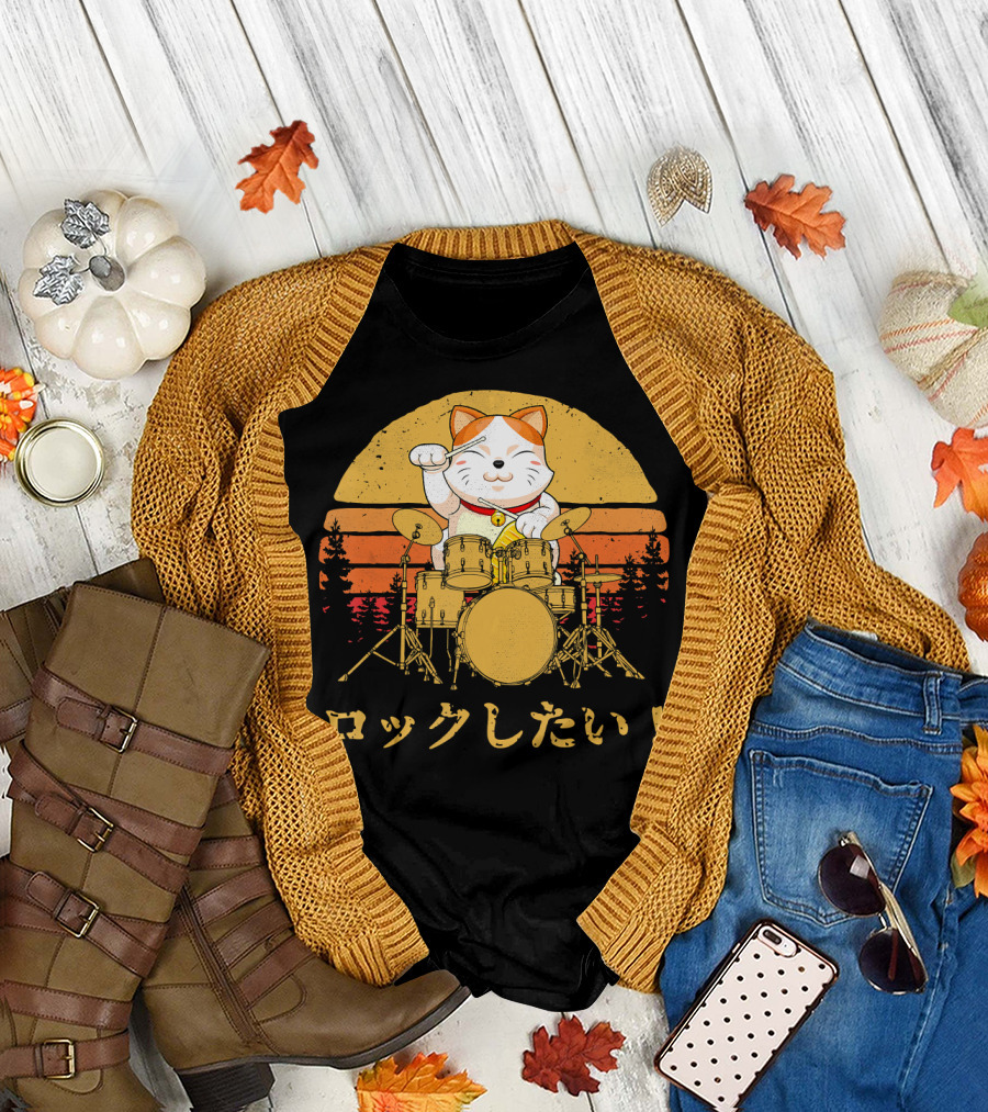 Kitten Kitty Lucky Cat Drummer Playing Drums ロックしたい T-Shirt