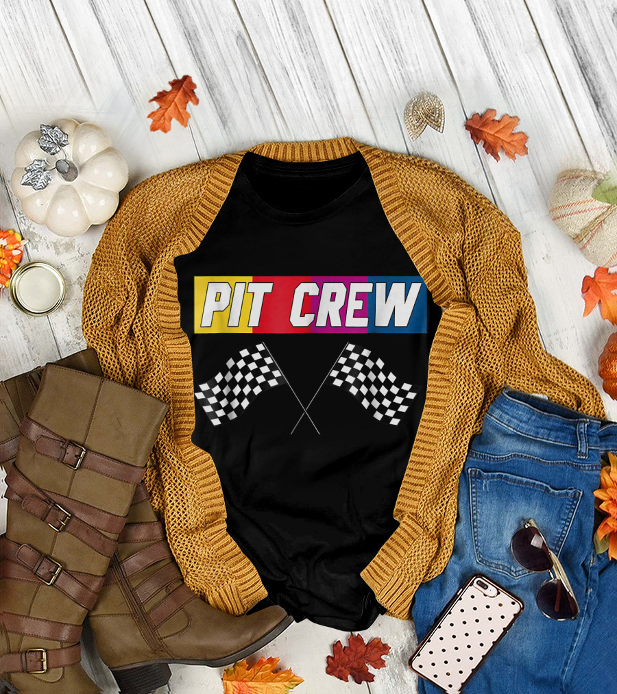 PIT CREW Race Car Hosting Parties Checkered Flags T-Shirt